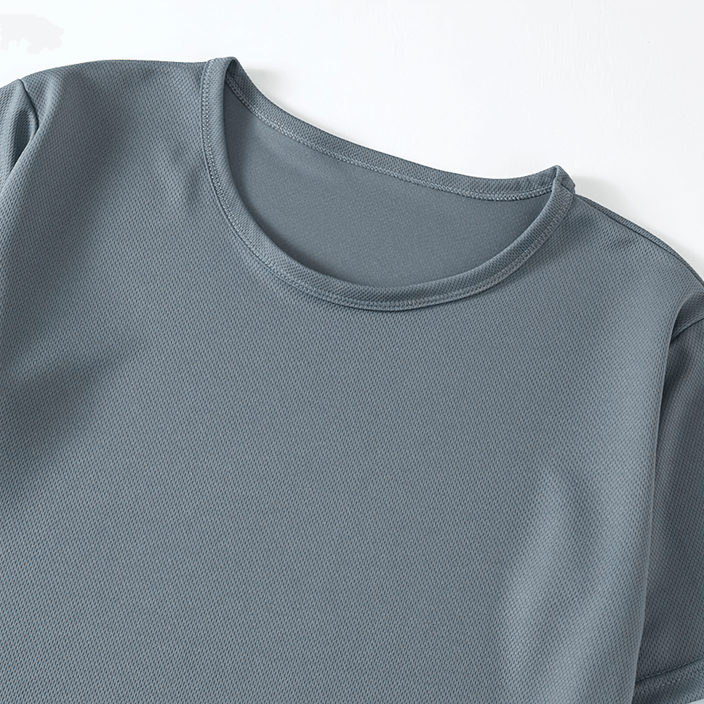 Gray quick-drying performance short-sleeved t-shirt with breathable, moisture-wicking fabric for sports and workouts.